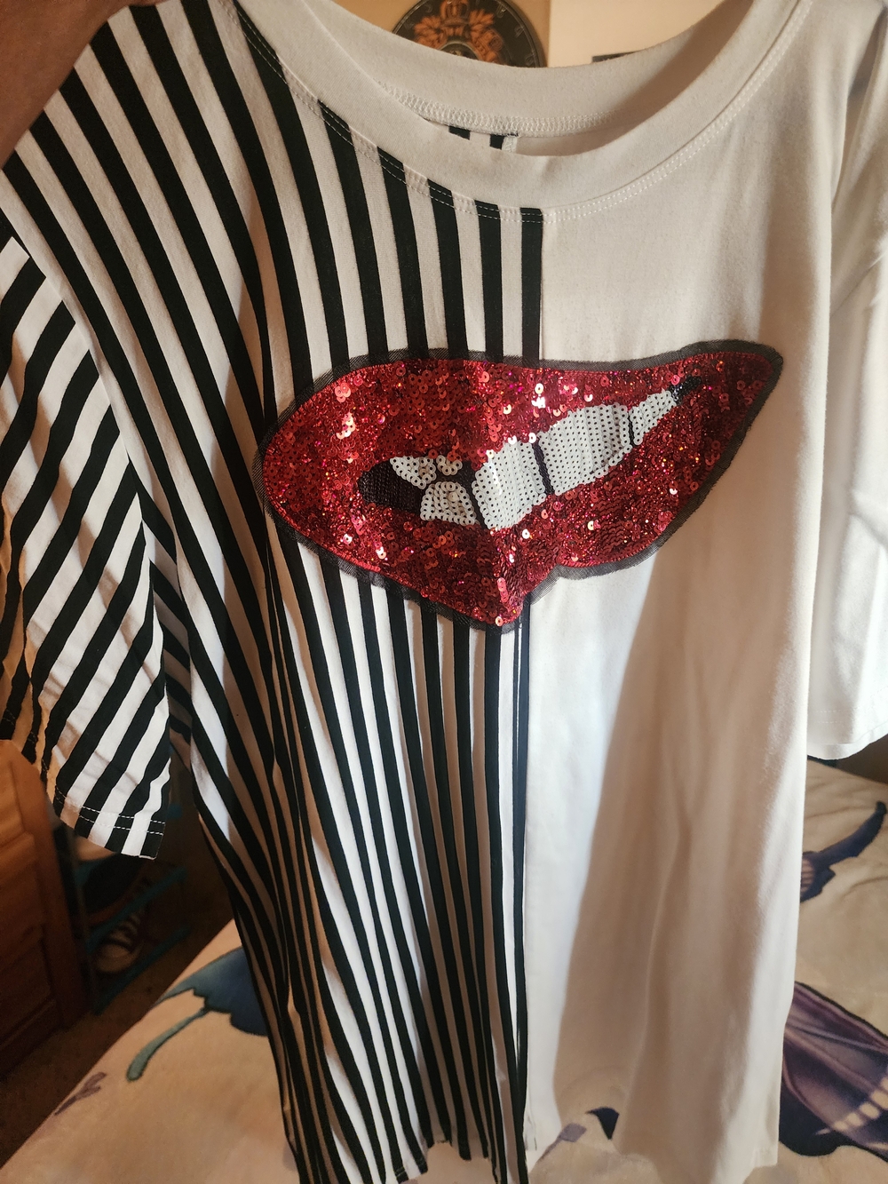Sequin Red Lip Patch Black & White Striped Tee